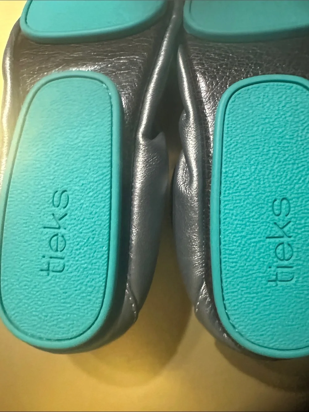 Tieks Metallic Gray Ballet Flats with Teal Heel Tab